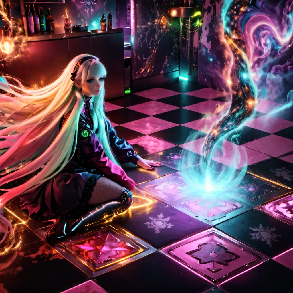 a woman with long hair sitting on a checkered floor surrounded by glowing lights, alice in wonderland cyberpunk, elaborate digit...