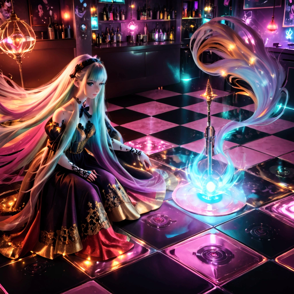 a woman with long hair sitting on a checkered floor surrounded by glowing lights, alice in wonderland cyberpunk, elaborate digital art, colorfull digital fantasy art, digital cyberpunk - anime art, digital visionary art, advanced digital cyberpunk art, the encrypted metaverse, mind-bending digital art, digital art fantasy, 4k highly detailed digital art, futuristic digital art