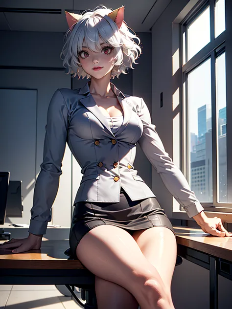 ((1girl, solo ,alone)), ((solo, 1woman, ((neferpitou, cat tail, short white hair, short messy hair, cat ears, red eyes, small bu...