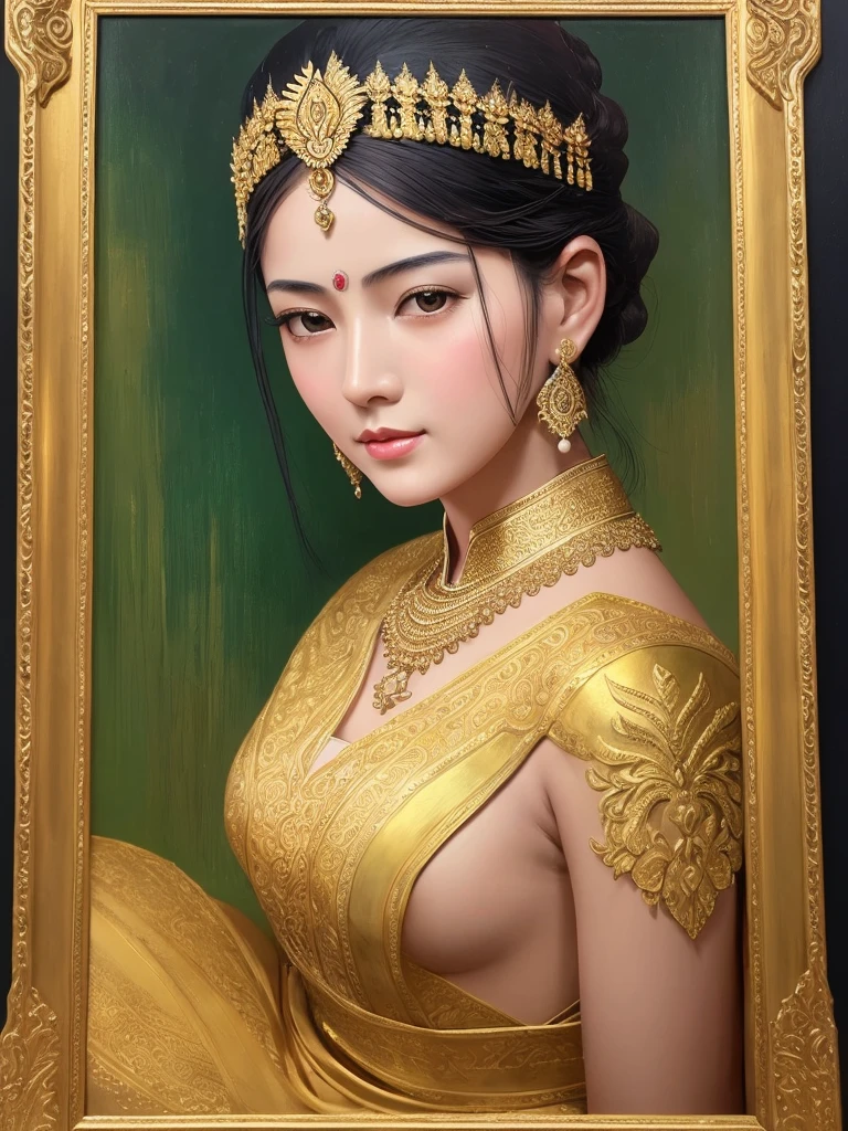 wet oil painting Master artist,ultra high realestic art, beautiful, exquisite, impressive, portrait of a woman  form 1915 with a beautiful  face. Wear Thai Rattanakosin costume Ornament poses  sitting position. The artist leaves artistic brushstrokes mixed with gold leaf  and thai line kanok pattern  to create a beautifully realistic image ,full body angle