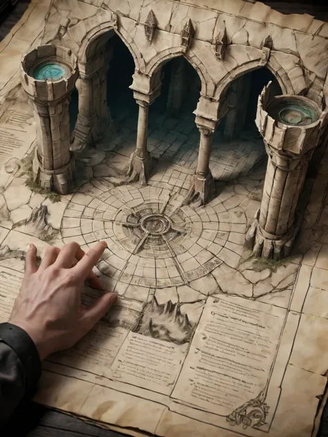 first person perspective looking at a diagram of a fantasy dungeon, traditional media, fantasy parchment, held, hands, anime scr...