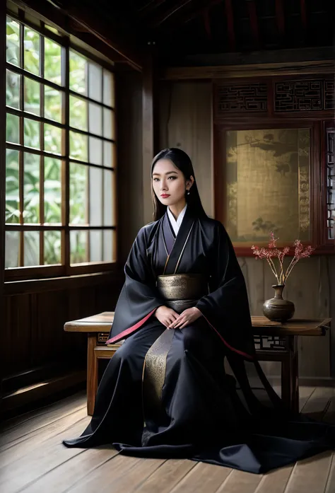 a female tripitaka priest wearing a black, transparent robe、bewitching pose