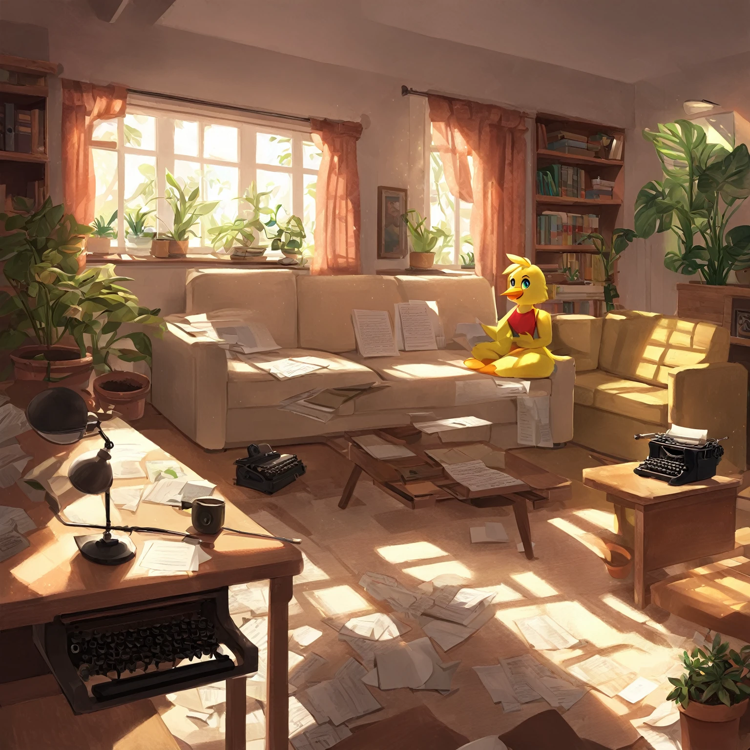 Living room, sofa, window, curtains, dappled sunlight, potted plant, mesa, cabinet,Bookshelf, paper, desk lamp, typewriter, Chica sentada en el sofa