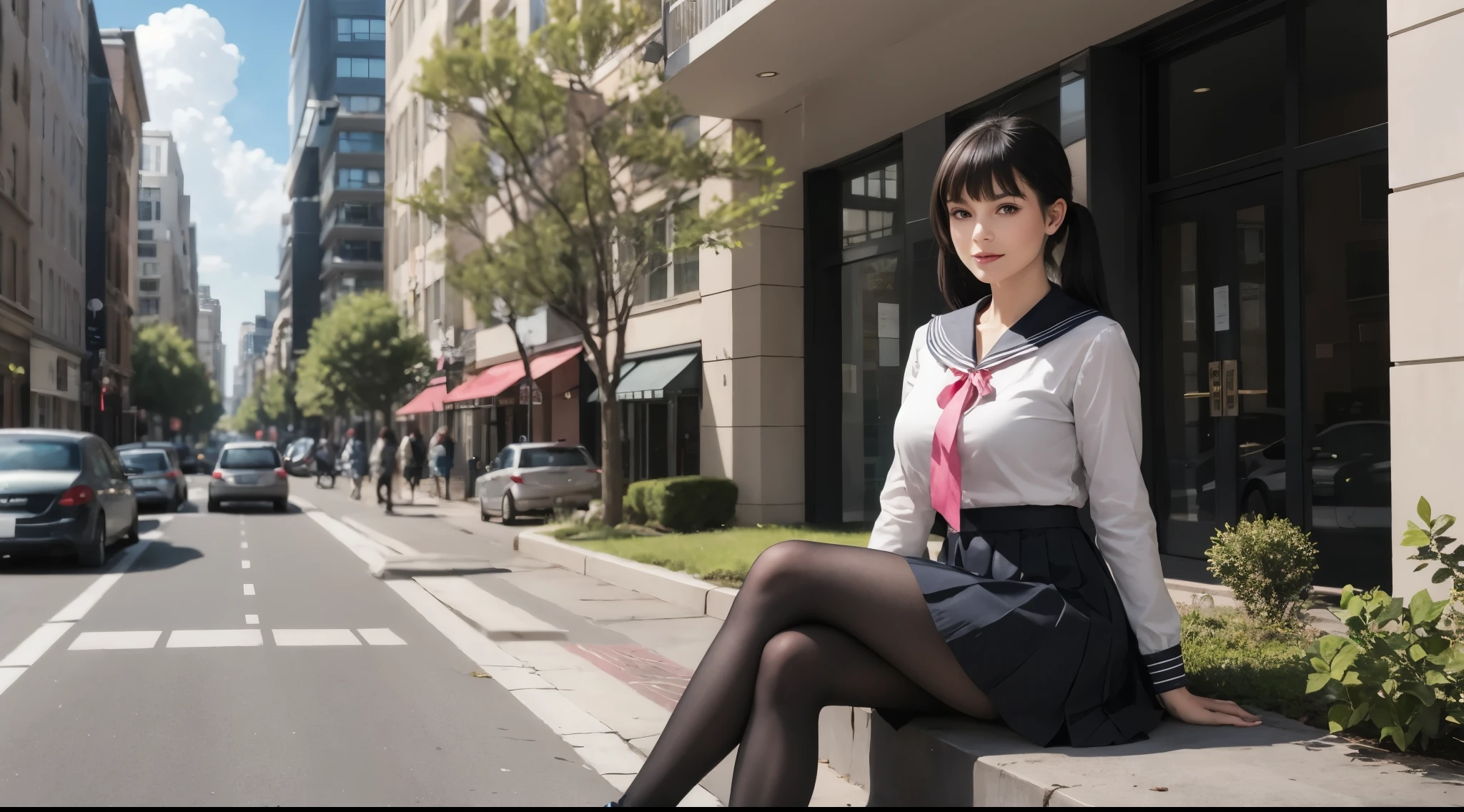 girl sitting, BREAK, girl, sitting, straight long hair, bangs, detailed face, looking at viewer, sailor collar, loafers, blouse, gigantic breasts, long sleeve, pleated skirt, pantyhose, street, trees, hills, cloud, natural light, masterpiece, pink ribbon, black skirt, low twin tails, red ribbon, black hair, apartment, office building, cityscape, modern architecture, blue sky, outdoors,