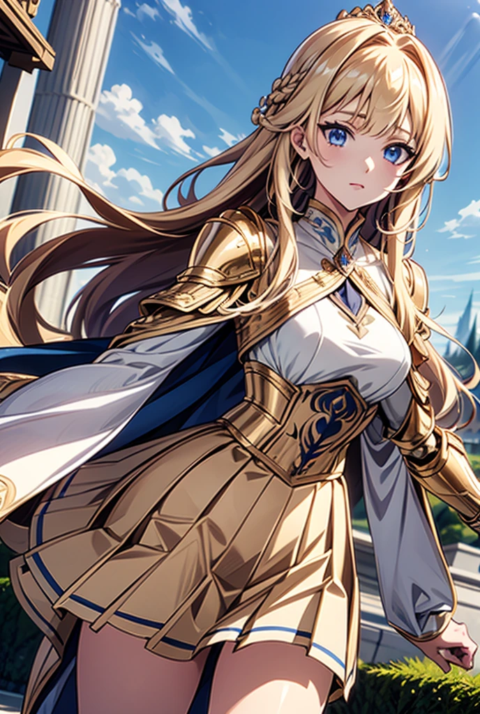 
Masterpiece, Best Quality, Detail, A beautiful warrior/ Princess golden armor pleated skirt long blonde hair blue eyes small breasts running towards her first adventure 