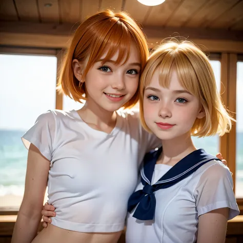 little kids, too young, pretty girls, beautiful face, very cute, ((happy smile)), orange blonde, medium haircut, bangs between e...