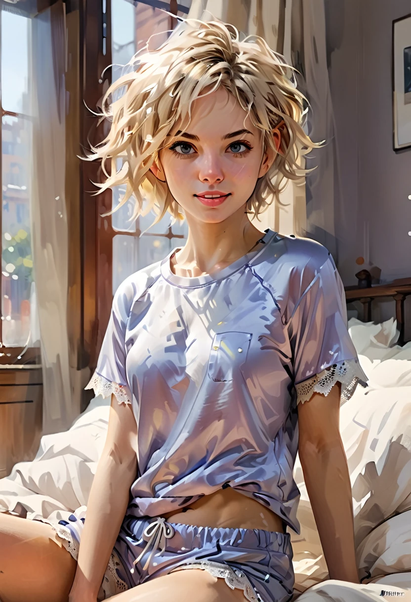 In bed, enjoying a cup of coffee,((after a passionate orgasm:1.4)).(rule of thirds:1.4), ((ultra realistic illustration:1.2)),Athletic blonde woman, (short hair), tomboy, cute, ((joy, silly smile:1.3)), sexy, messy hair,(aroused:1.3),very light makeup, lace top, pajama pants.Masterpiece, best quality,(highly detailed:1.2),(detailed face and eyes:1.2), 8k wallpaper, depth of field, natural lighting. core shadows, high contrast, bokeh.