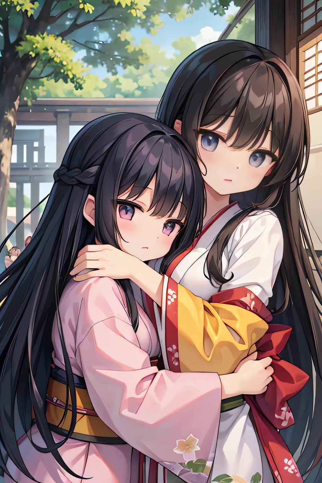 Highest quality、Small breasts、kimono、Long Black Hair、Two Girls、Burying my face in your chest、hug、Hug