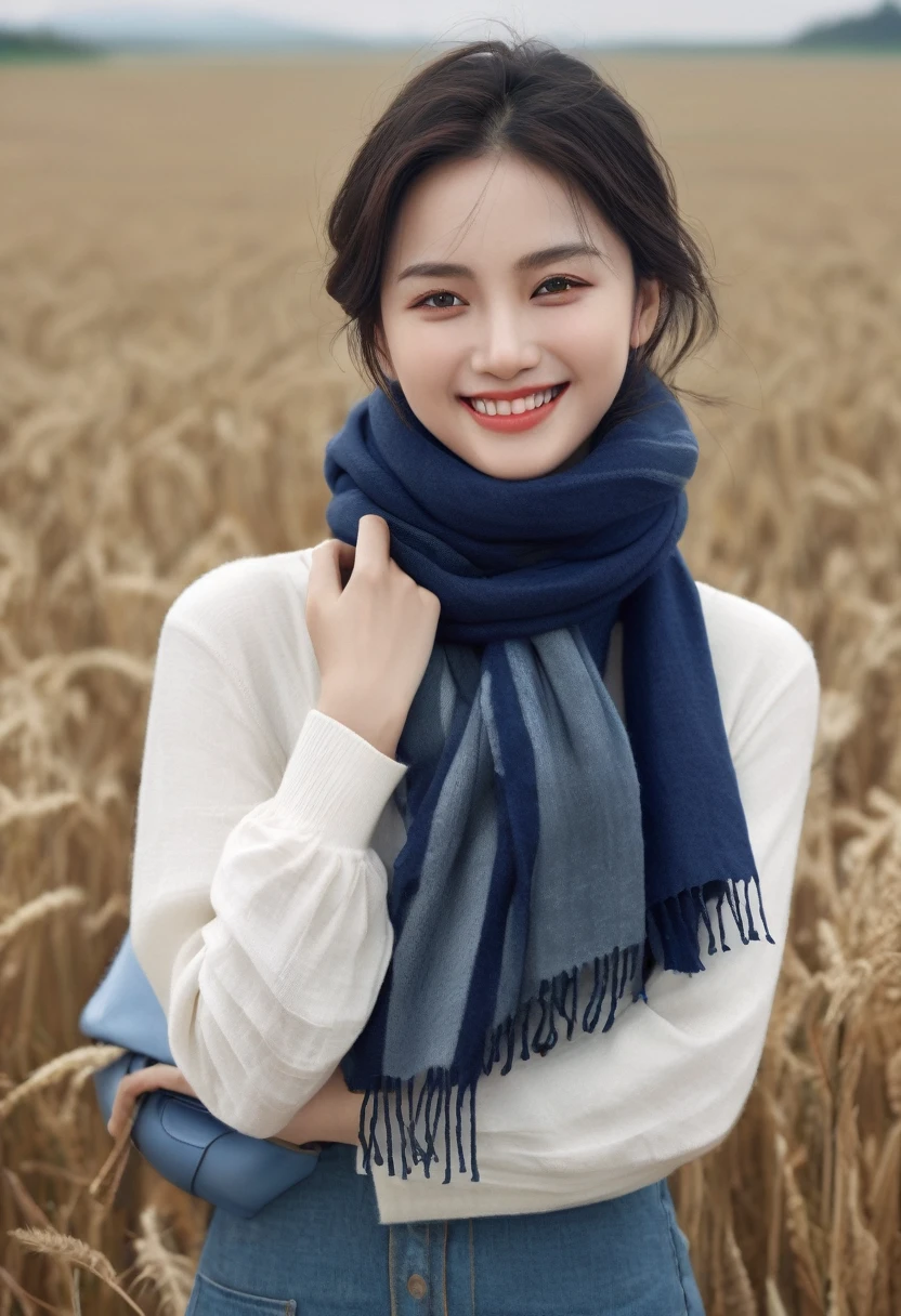 8K, best quality, masterpiece, realistic, ultra detail, photo realistic, Increase quality, a photo of a smiling girl standing in a field with a scarf, in the style of dark and brooding designer, voluminous mass, photobash, serene faces, jagged edges, navy, natural beauty,