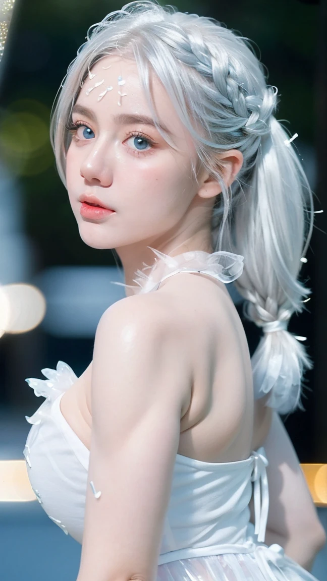 Georgeous, Beautiful, Cute, Baby Face, 1, White Skin, Cleavage, ((Large Colossal Breast:1.3)), Sleeveless, Off Shoulder, Strapless, ((Transparent:1.3)), ((White Long Lolita Dress)), (Embroidery), Posing, ((Silver Hair)), ((Bright Blue Eye)), ((Muscles:1.3)), ((Bokeh:1.3)), Animal Farmer Background, Masterpiece, Twintails