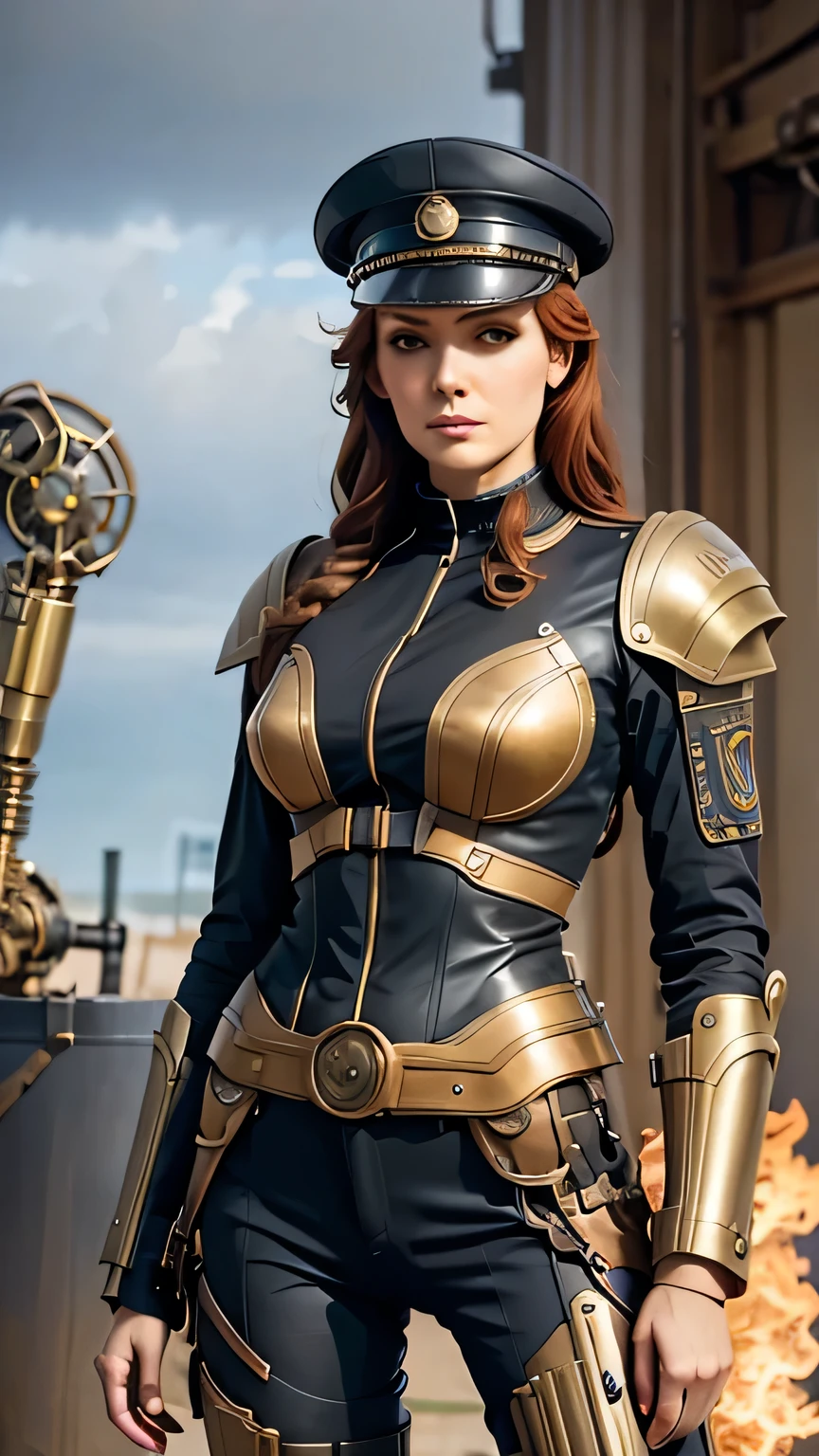 A woman stands in front of a group of robots, Portrait of a steampunk woman, synthesis, Beautiful android woman, Stormy epic war scenes, Inspired by Richard Avedon, Black dieselpunk policewoman, Redhead woman, Girl in suit, Complex fashion clothing, Beautiful female soldier , masterpiece, 最high quality, high quality, High resolution､(Pause＿random),