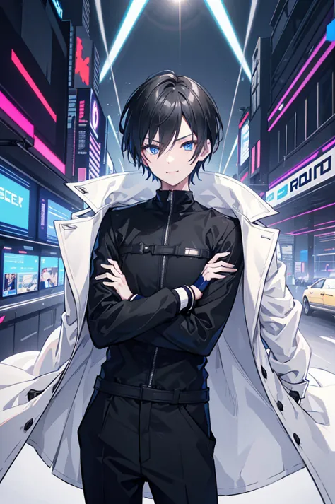 face_through_torso, 1man, cyberpunk, short_hair(black_hair, hair_between_eyes), sharp_blue_eyes, confident_smile, wearing black ...