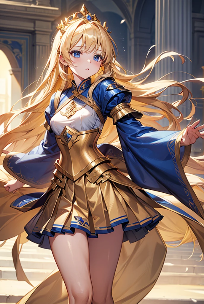 
Masterpiece, Best Quality, Detail, A beautiful warrior/ Princess golden armor pleated skirt long blonde hair blue eyes small breasts running towards her first adventure 