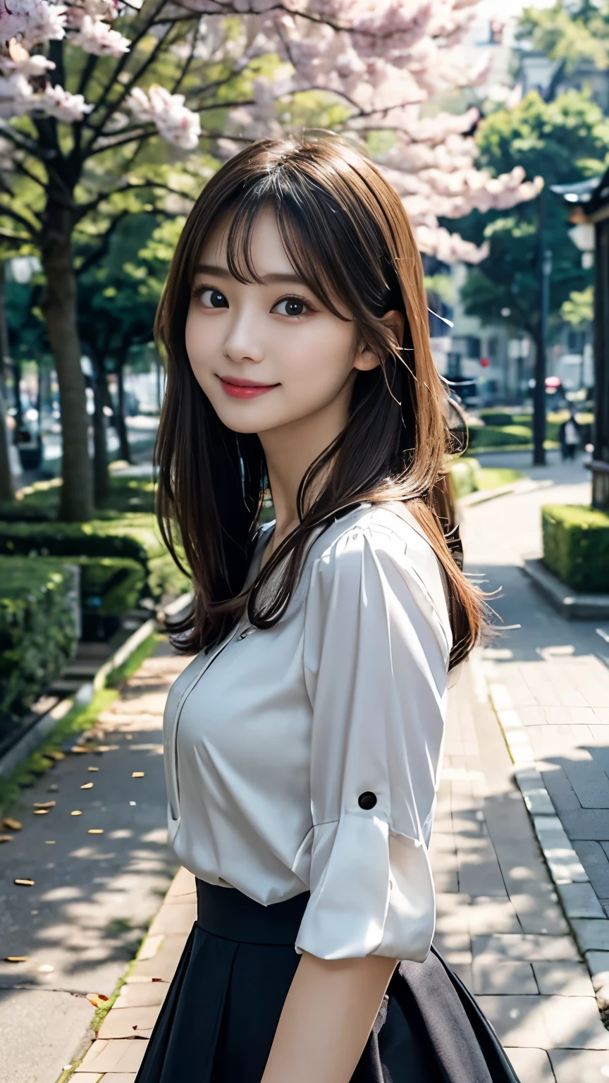 highres, ultra detailed, photorealistic, 1 beautiful japanese girl, highly detailed beautiful face, medium hair, light smile, elegant blouse, elegant flared skirt, walking, in the park
