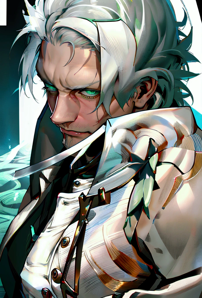 (masterpiece), (Defined details), (best quality), 40 year old man, muscular, green eyes, White hair,  trench coat in white with black trim, holding a sword, (4k)