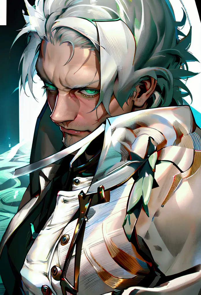 (masterpiece), (defined details), (best quality), 40 year old man, muscular, green eyes, white hair,  trench coat in white with ...