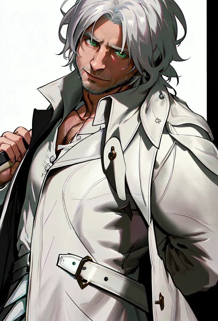 (masterpiece), (defined details), (best quality), 40 year old man, muscular, green eyes, white hair,  trench coat in white with ...