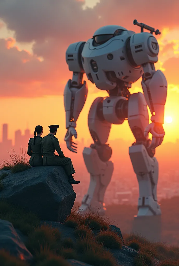 Ultra HD 8k Octane.(A Russian military woman and a Russian military man sit on the palm of a military robot and look at a city in the distance.)、Background of small hill、A beautiful sunrise rises from the horizon、

