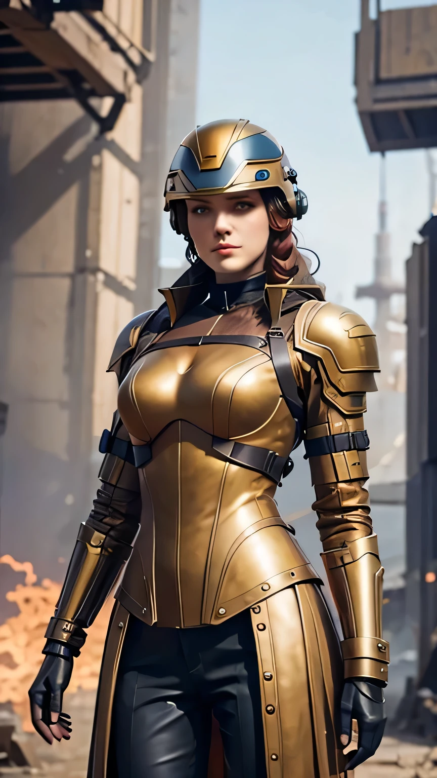 A woman stands in front of a group of robots, Portrait of a steampunk woman, synthesis, Beautiful android woman, Stormy epic war scenes, Inspired by Richard Avedon, Black Dieselpunk Female Soldier, Redhead woman, Girl in cybersuit, Complex fashion clothing, Beautiful female soldier , masterpiece, 最high quality, high quality, High resolution､(Pause＿random), ((He is holding a special cyber helmet))､