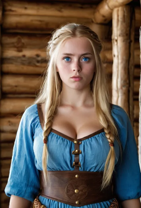 front view, viking girl,12th century,  sweden young girl, beautiful female, 1, (very detailed face, ordinary eyes, blue eye,colo...