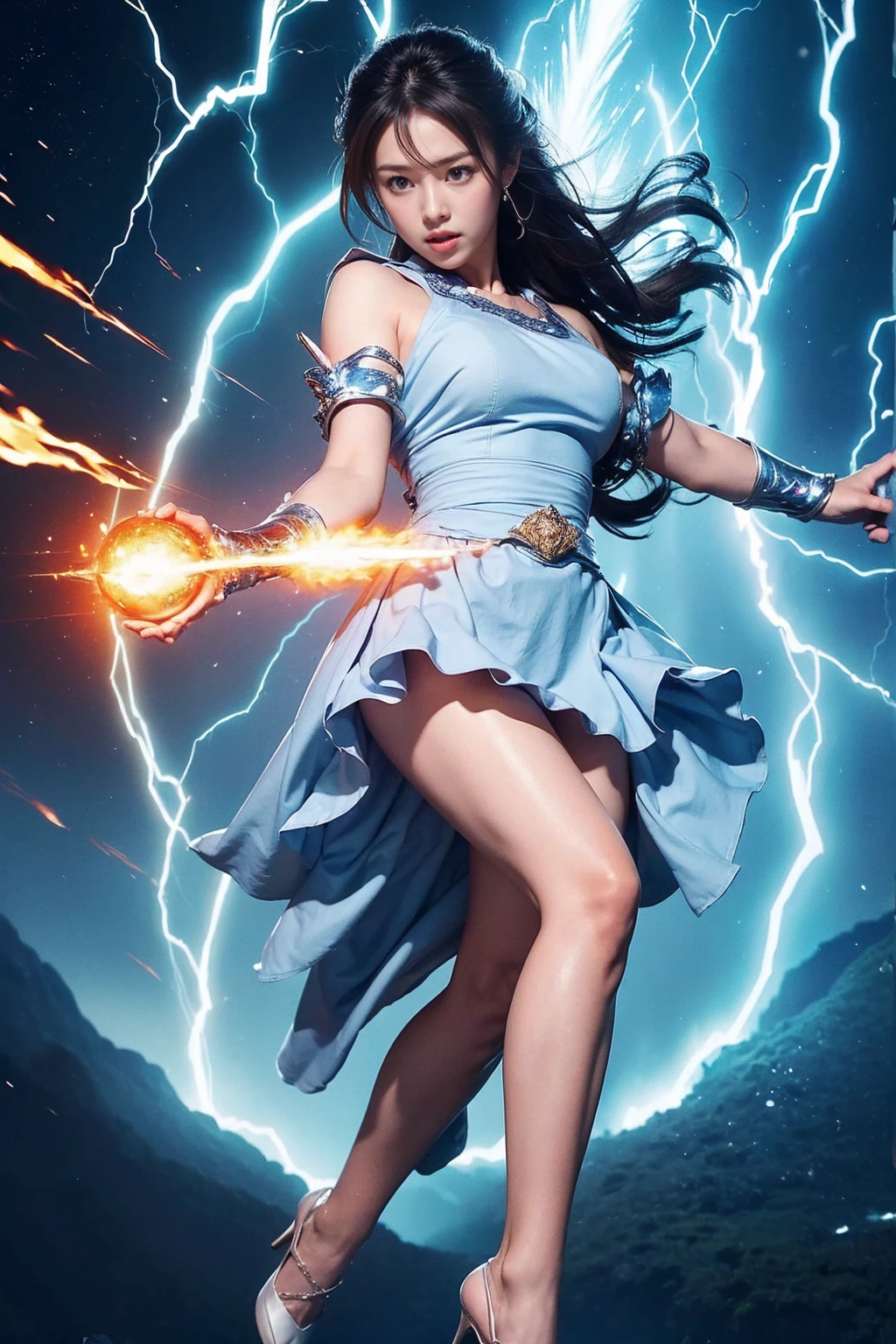 ((Highest quality、8k、masterpiece:1.3))、Realistic, Sharp focus, High resolution, High resolution,  alone, Full body photo、Japanese, Beautiful woman,Goddess Dress、Unleashing Power、Explosive Energy、thunder、Kamehameha、inflammation、kienzan,makankosappo,