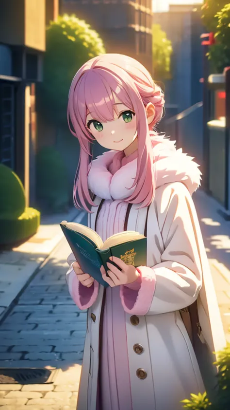 standing, reading a book, long straight pink hair, white long coat with a fur collar, holding a book, outdoor, city street envir...