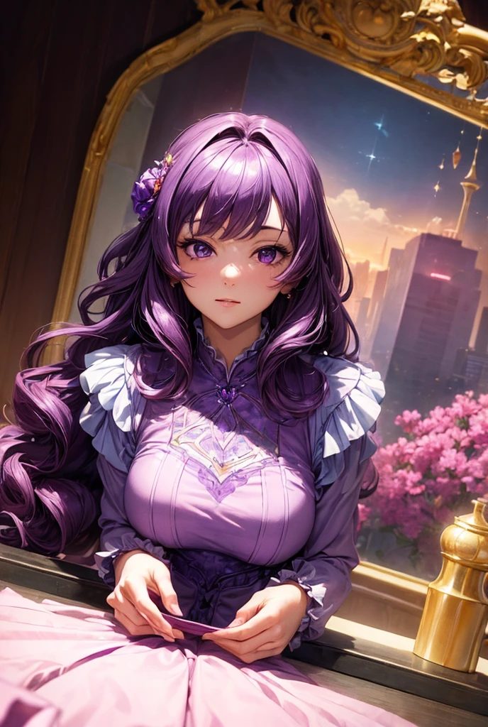 (((masterpiece))), Best Quality, illustration, 4k wallpaper, cinematic light, absurdities, portrait of 1 girl, by the wide, purple crystal fur, shiny hair, bloom hair, princess clothes, looking ahead