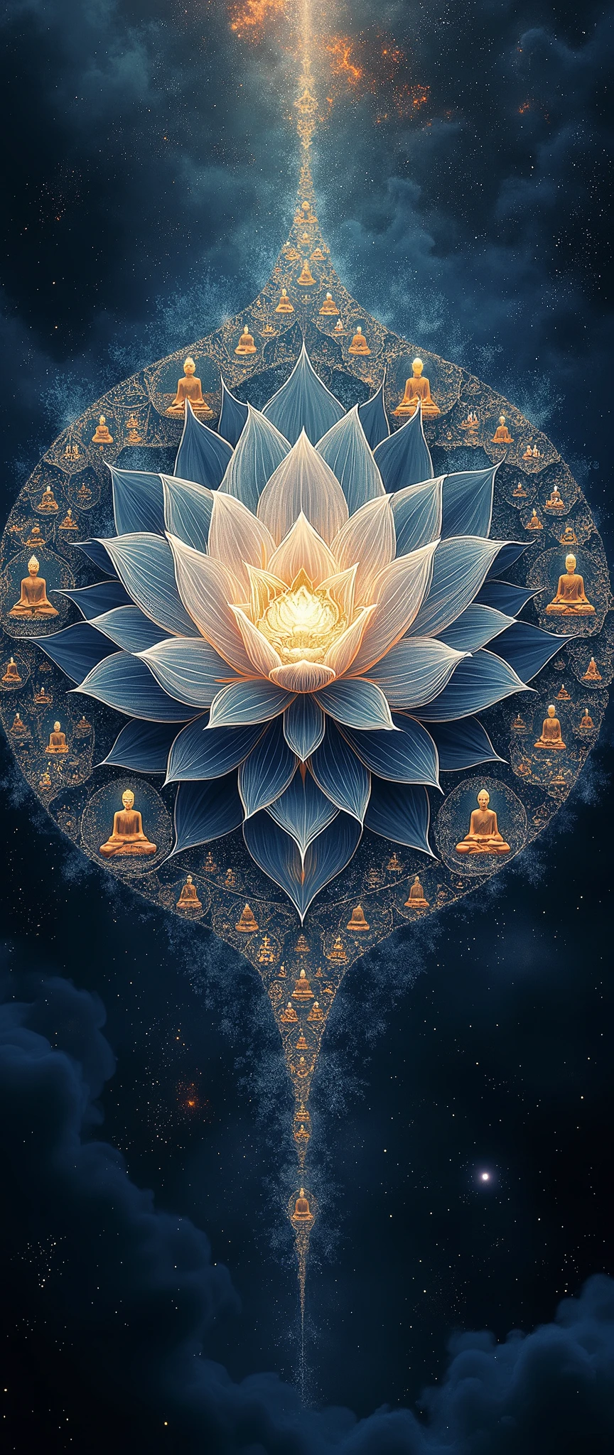 A mandala in the shape of lotus flower representing the universe, very delicate line, fractal, symmetry, there are many Buddhas around lotus, glowing in the dark