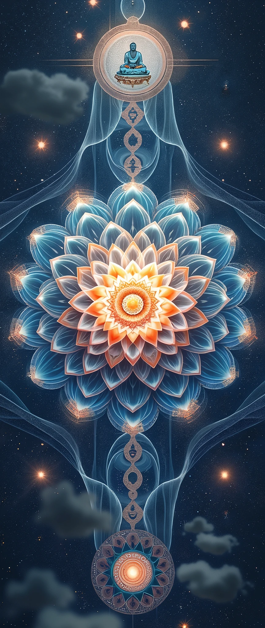 A mandala in the shape of lotus flower representing the universe, very delicate line, fractal, symmetry, there are many Buddhas around lotus, glowing in the dark