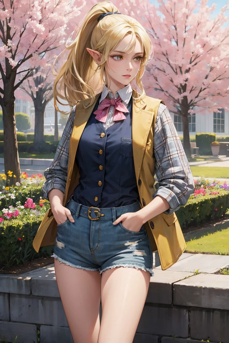 masterpiece:1.2, super high quality:1.2, Super detailed, intricate details, bright colors, Elven woman, Adult women:1.4, alone, blond, Yellow eyes, pale skin, dark green vest, Black and gray checked flannel jacket, Bright Eyes, Perfect eyes, Big ,Put your hands in your pockets, pink lips, low rise denim shorts,High ponytail, A faint smile, look up, external, city park, flower bed,