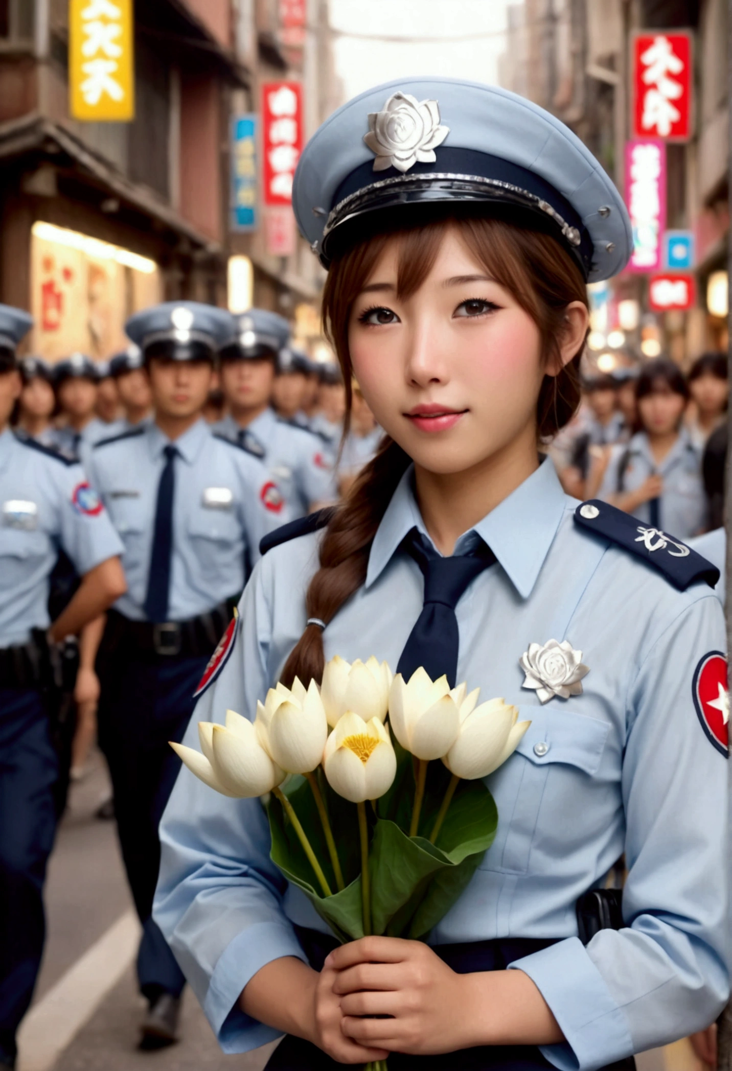 cute yuna, (age 25, cute Japanese police uniform, embarrassed, holding a bouquet of lotus flowers), embarrassed, busy street, crowd cheering, (best quality,4k,8k,highres,masterpiece:1.2),ultra-detailed,(realistic,photorealistic,photo-realistic:1.37),vibrant colors,warm lighting,highly detailed facial features,delicate facial expression,intricate uniform details,lotus flowers with soft petals,dynamic crowd scene,bustling city background,cinematic composition