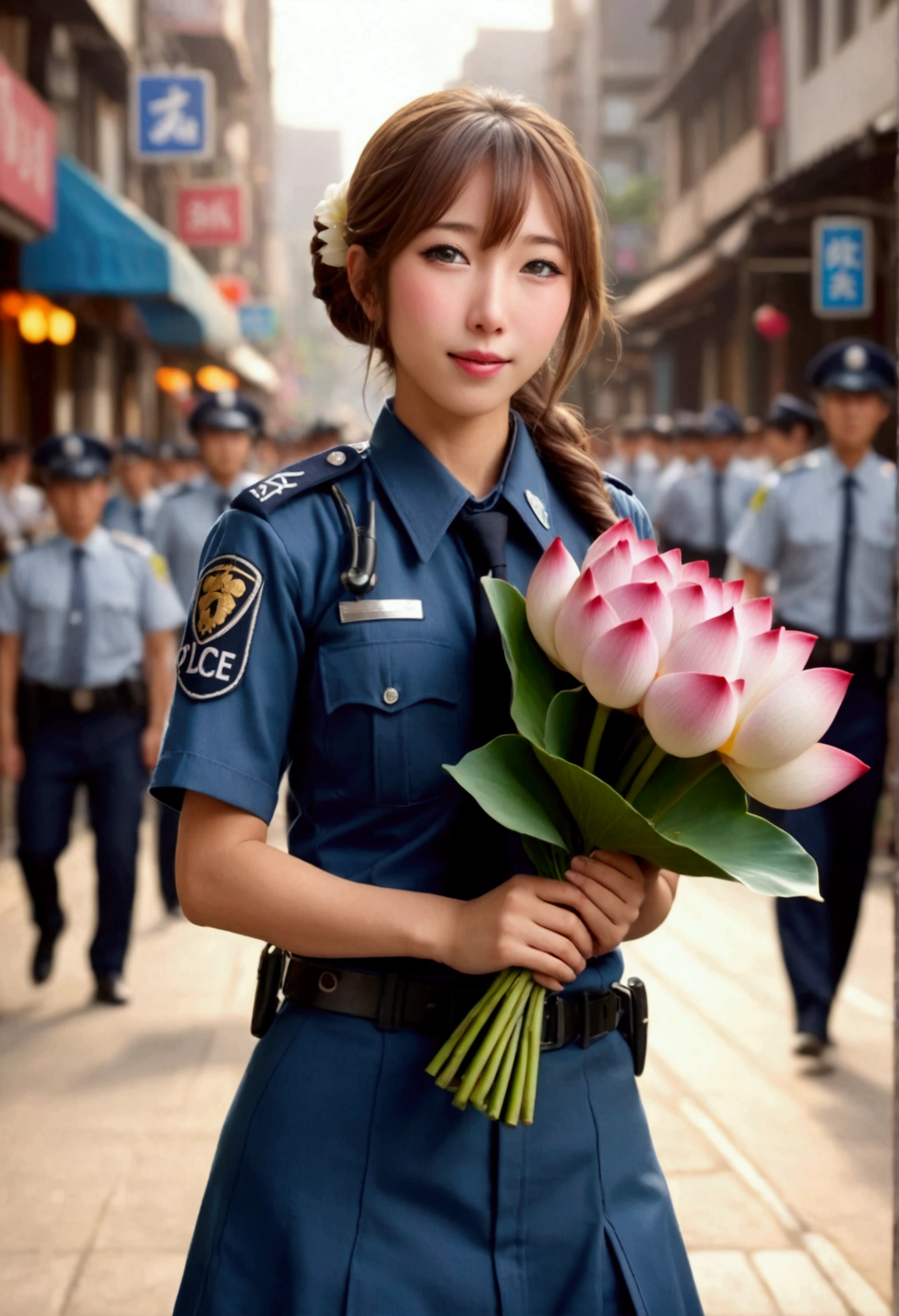 cute yuna, (age 25, cute Japanese police uniform, embarrassed, holding a bouquet of lotus flowers), embarrassed, busy street, crowd cheering, (best quality,4k,8k,highres,masterpiece:1.2),ultra-detailed,(realistic,photorealistic,photo-realistic:1.37),vibrant colors,warm lighting,highly detailed facial features,delicate facial expression,intricate uniform details,lotus flowers with soft petals,dynamic crowd scene,bustling city background,cinematic composition