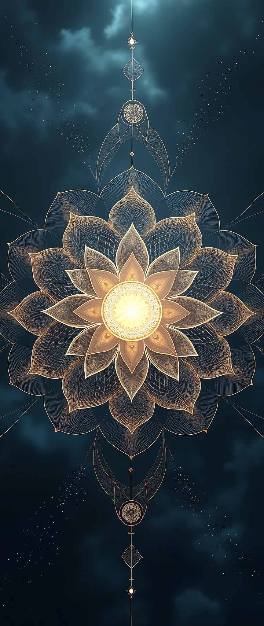 A mandala in the shape of lotus flower representing the universe, very delicate line, fractal, symmetry, there are many Buddhas around lotus, glowing in the dark