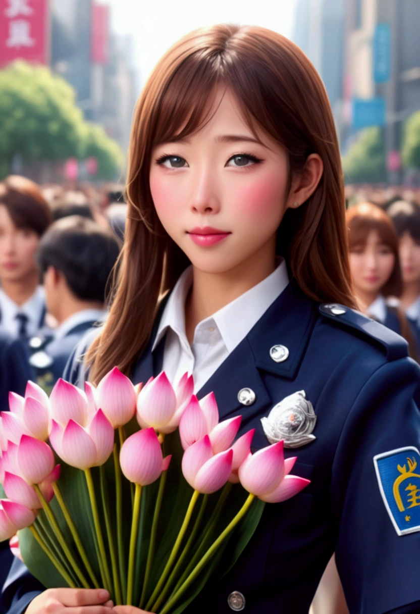 cute yuna, (age 25, cute Japanese police uniform, embarrassed, holding a bouquet of lotus flowers), embarrassed, busy street, crowd cheering, (best quality,4k,8k,highres,masterpiece:1.2),ultra-detailed,(realistic,photorealistic,photo-realistic:1.37),vibrant colors,warm lighting,highly detailed facial features,delicate facial expression,intricate uniform details,lotus flowers with soft petals,dynamic crowd scene,bustling city background,cinematic composition