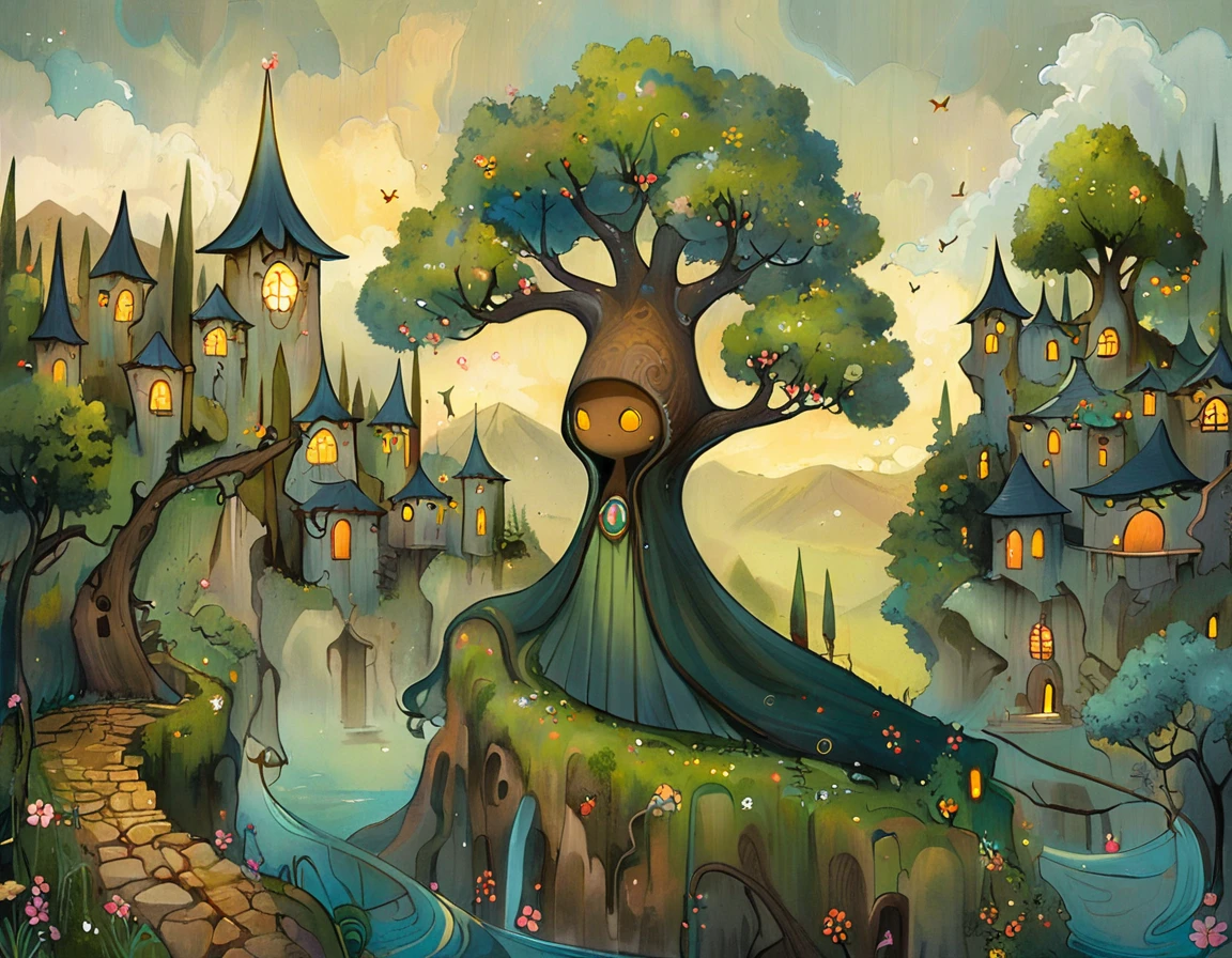 masterpiece,best quality,illustration,style of Jeremiah Ketner, ancient leshen with green tan brown-gray color palette 