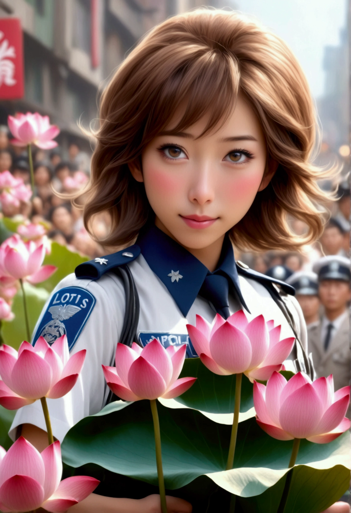 cute yuna, (age 25, cute Japanese police uniform, embarrassed, holding a bouquet of lotus flowers), embarrassed, busy street, crowd cheering, (best quality,4k,8k,highres,masterpiece:1.2),ultra-detailed,(realistic,photorealistic,photo-realistic:1.37),vibrant colors,warm lighting,highly detailed facial features,delicate facial expression,intricate uniform details,lotus flowers with soft petals,dynamic crowd scene,bustling city background,cinematic composition