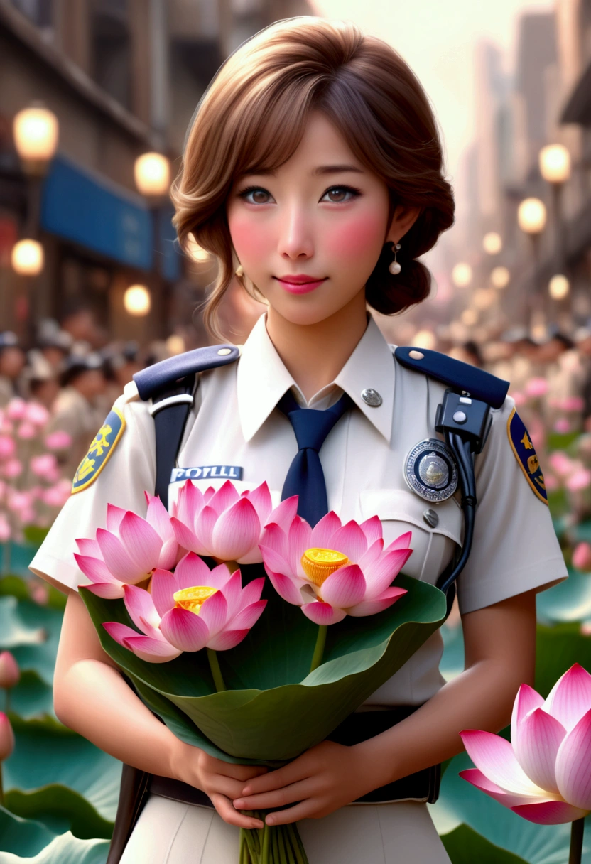 cute yuna, (age 25, cute Japanese police uniform, embarrassed, holding a bouquet of lotus flowers), embarrassed, busy street, crowd cheering, (best quality,4k,8k,highres,masterpiece:1.2),ultra-detailed,(realistic,photorealistic,photo-realistic:1.37),vibrant colors,warm lighting,highly detailed facial features,delicate facial expression,intricate uniform details,lotus flowers with soft petals,dynamic crowd scene,bustling city background,cinematic composition