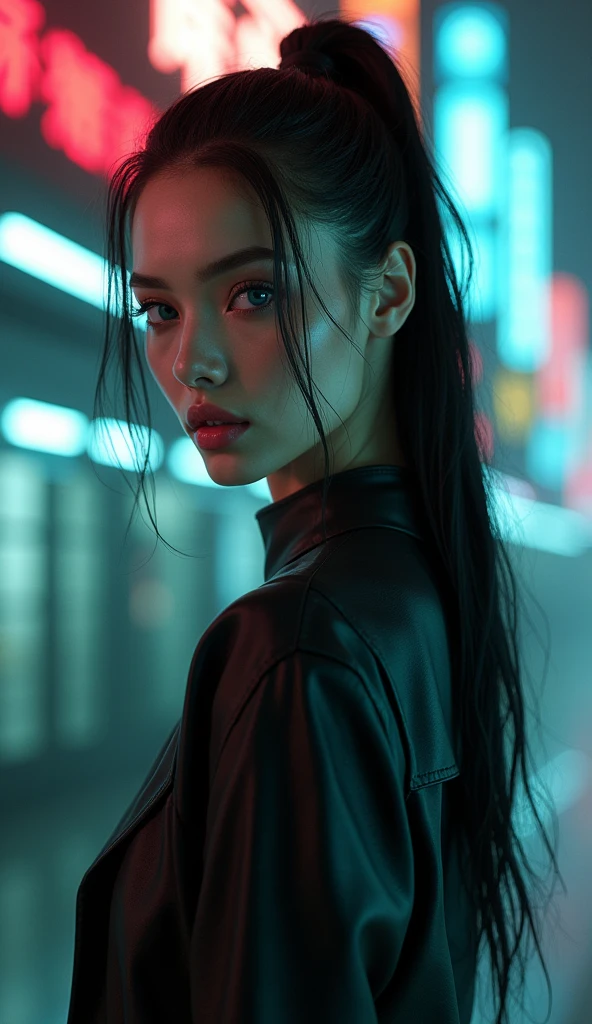 photorealism, realism, movie matrix, cyberpunk game, (naked slim beautiful ideal girl model appearance (girl in frame full length)), Blue eyes, pink lips, Ponytail, The perfect masterpiece.