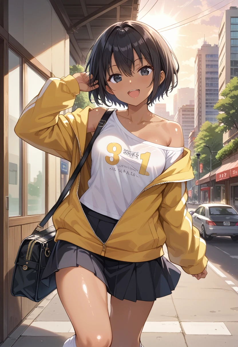 (NSFW), Highest quality, Highest quality, Score_9, score_8_up,source_anime, artstation, grandeur, intricate-details, depth-of-view, flatshading,illustration,cowboy shot,pinup,BREAK 1girl,teen,very short hair,black hair,(hair between eyes:0.8), (Shiny skin:1.2),(dark skin:1.4),(Black eyes), (open mouth:0.7) ,Open smile,BREAK arm up,running,Backshot,shoulder bag,yellow zipper open hoodie,off-shoulder shirt,Black mini skirt,socks,sneaker,city,morning,sunlight,looking at viewer,