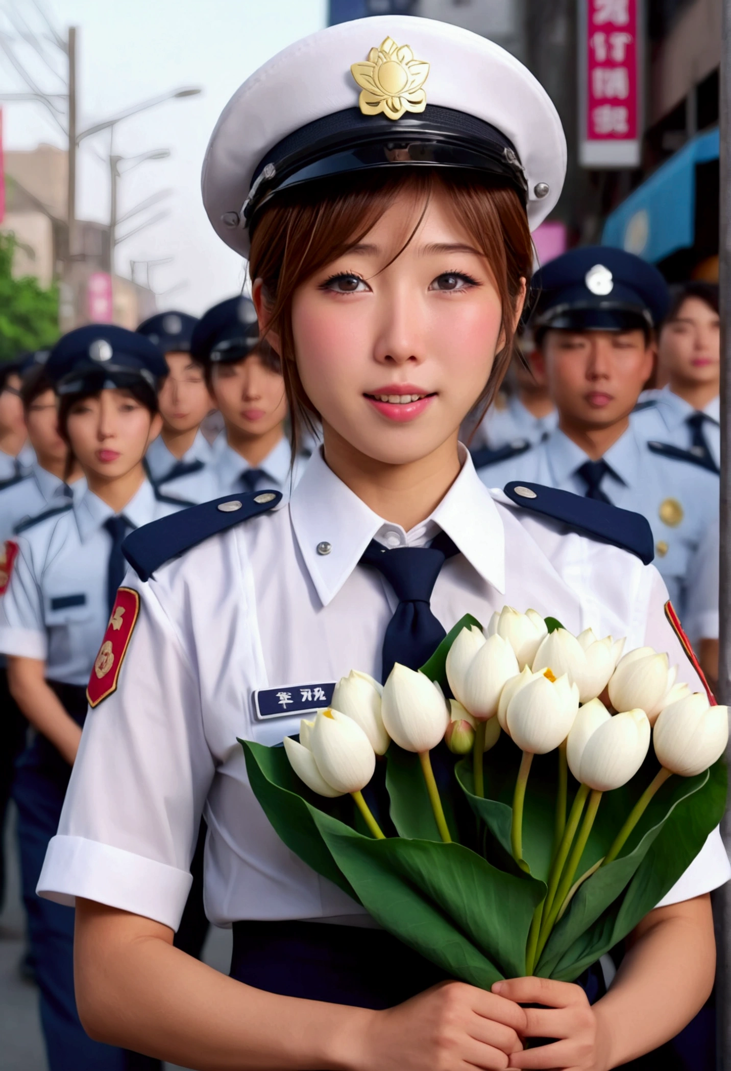 cute yuna, (age 25, cute Japanese police uniform, embarrassed, holding a bouquet of lotus flowers), embarrassed, busy street, crowd cheering, (best quality,4k,8k,highres,masterpiece:1.2),ultra-detailed,(realistic,photorealistic,photo-realistic:1.37),vibrant colors,warm lighting,highly detailed facial features,delicate facial expression,intricate uniform details,lotus flowers with soft petals,dynamic crowd scene,bustling city background,cinematic composition