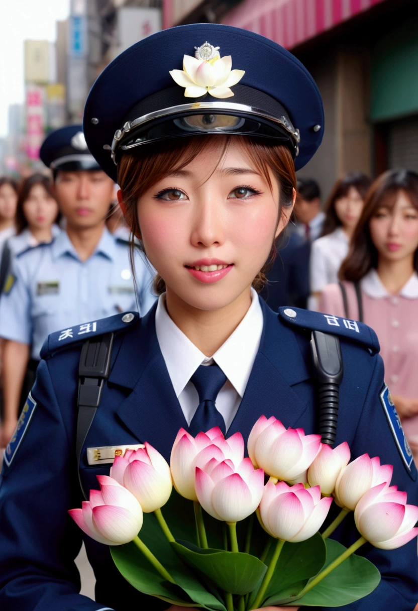 cute yuna, (age 25, cute Japanese police uniform, embarrassed, holding a bouquet of lotus flowers), embarrassed, busy street, crowd cheering, (best quality,4k,8k,highres,masterpiece:1.2),ultra-detailed,(realistic,photorealistic,photo-realistic:1.37),vibrant colors,warm lighting,highly detailed facial features,delicate facial expression,intricate uniform details,lotus flowers with soft petals,dynamic crowd scene,bustling city background,cinematic composition