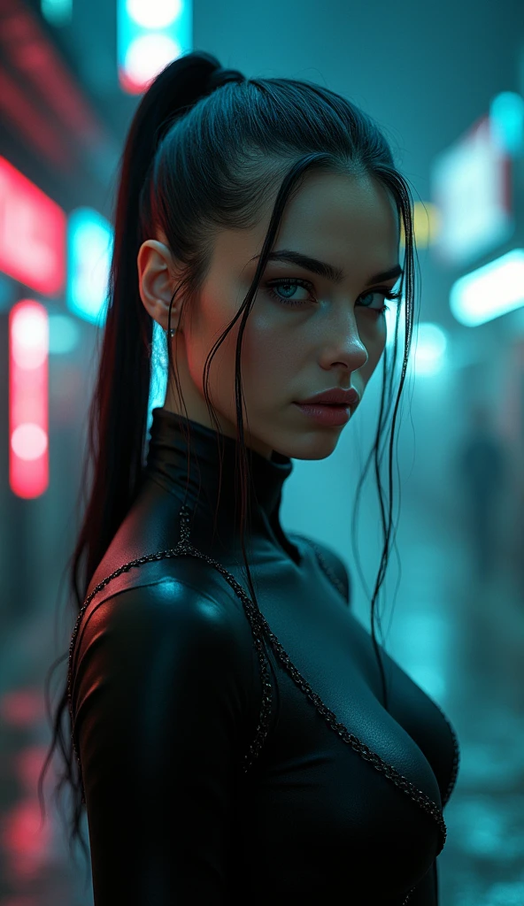 photorealism, realism, movie matrix, cyberpunk game, (naked slim beautiful ideal girl model appearance (girl in frame full length)), Blue eyes, pink lips, Ponytail, The perfect masterpiece.