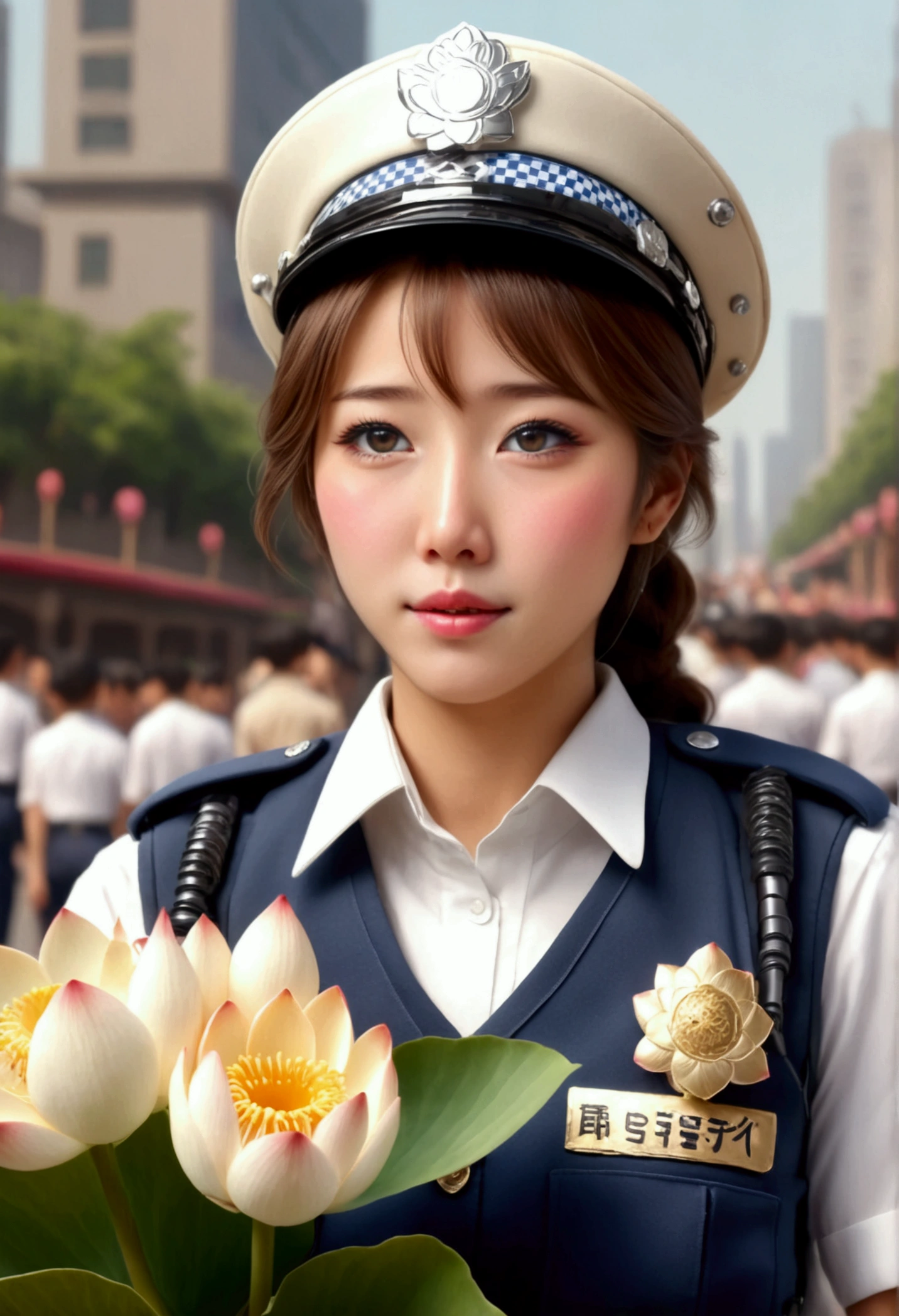 cute yuna, (age 25, cute Japanese police uniform, embarrassed, holding a bouquet of lotus flowers), embarrassed, busy street, crowd cheering, (best quality,4k,8k,highres,masterpiece:1.2),ultra-detailed,(realistic,photorealistic,photo-realistic:1.37),vibrant colors,warm lighting,highly detailed facial features,delicate facial expression,intricate uniform details,lotus flowers with soft petals,dynamic crowd scene,bustling city background,cinematic composition