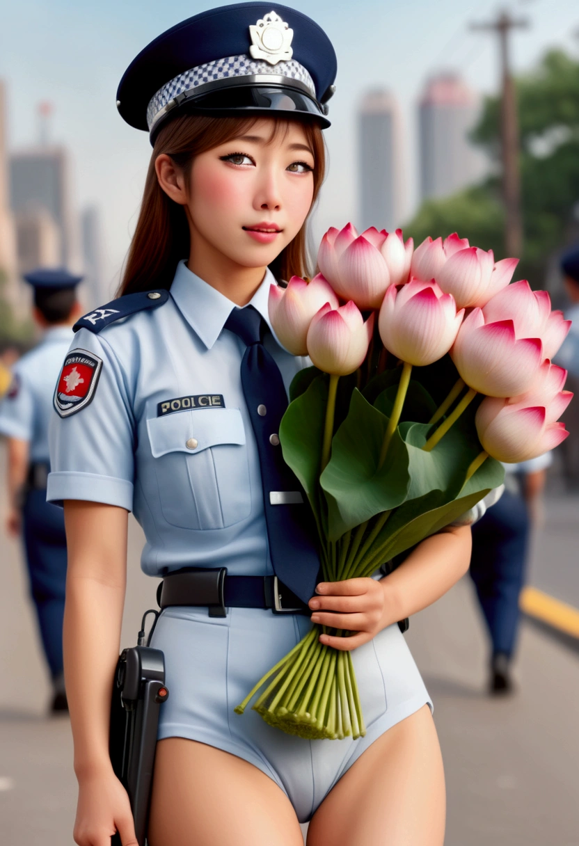 cute yuna, (age 25, cute Japanese police uniform, embarrassed, holding a bouquet of lotus flowers), embarrassed, busy street, crowd cheering, (best quality,4k,8k,highres,masterpiece:1.2),ultra-detailed,(realistic,photorealistic,photo-realistic:1.37),vibrant colors,warm lighting,highly detailed facial features,delicate facial expression,intricate uniform details,lotus flowers with soft petals,dynamic crowd scene,bustling city background,cinematic composition