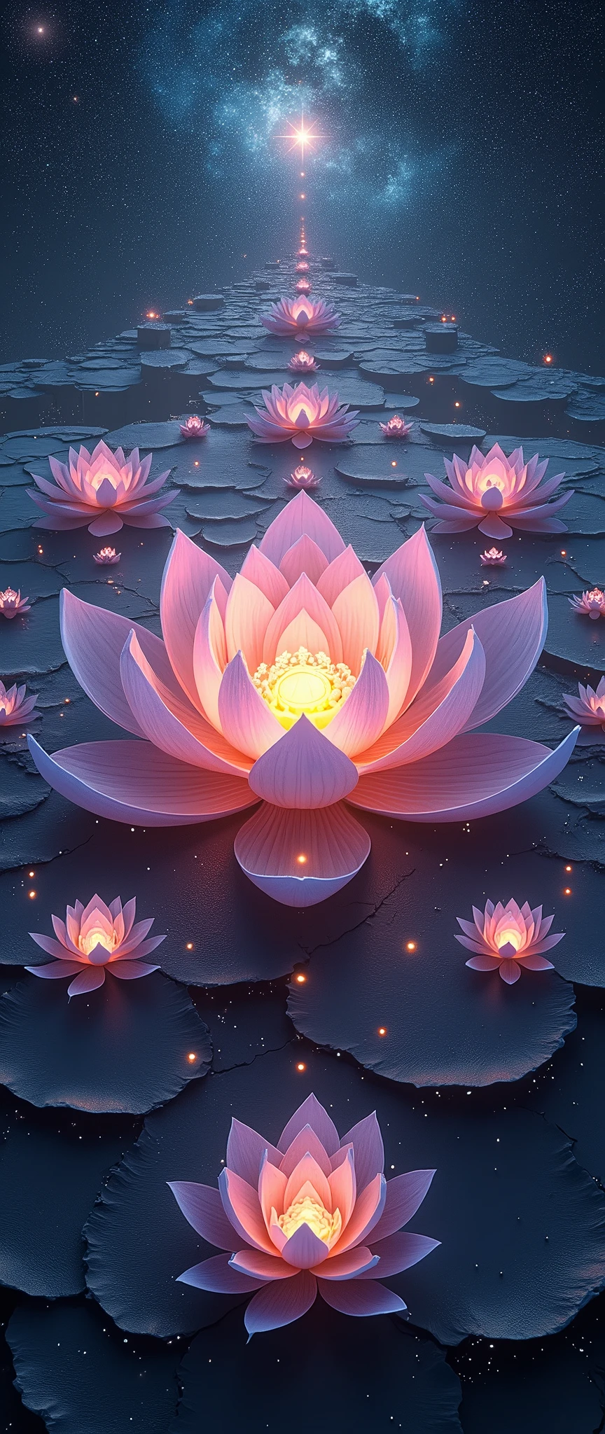 A mandala in the shape of lotus flower representing the universe, very delicate line, fractal, symmetry, there are many Buddhas around lotus, glowing in the dark