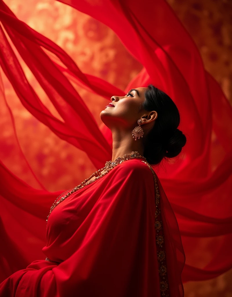 Fashion photograph in the style of “bug’s-eye view” of a beautiful 45yo old Indian women wearing flowing red traditional Saree. The fabric of the Saree billows outward in all directions, creating a dramatic and visually striking effect. Full body shot from a low vantage point. Side view. The camera looks upwards at the subject. View from the floor up. Extreme angle shot from below. Steep angle. Upward angle. Head in the frame. 