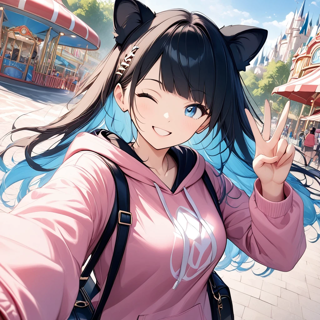 cheered up、((Shockingly absurd)),(masterpiece:1.2),超High resolution, Attention to details, high quality, High resolution, 最high quality, 4k, 8k、Girl taking a selfie、peace sign、by the wide、black fur、blue eyes、(((Wink)))、pink hoodie、in the theme park、black spots、front angle