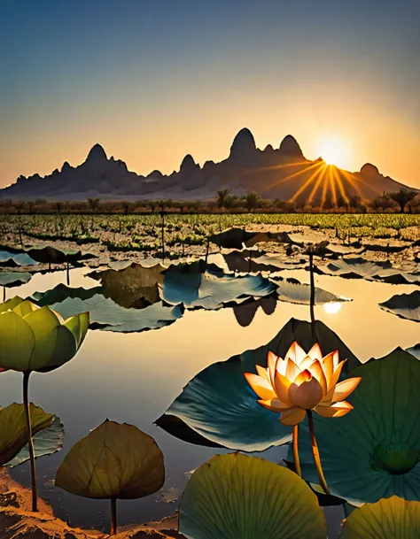 (masterpiece, best quality: 1.2),desert，1 lotus flower，sun,ultra hd, masterpiece, high detail, high quality, best quality, high ...