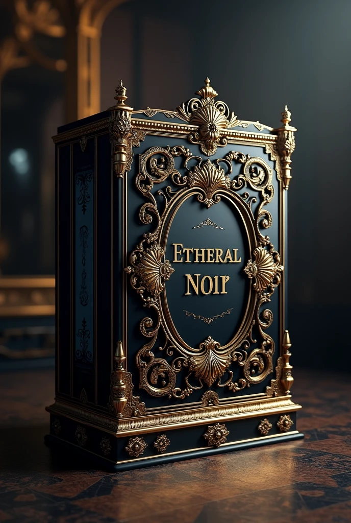 a maximalist style 3d box mockup design, a box that says ethereal noir presets by myron edwards,high quality,8k,photorealistic,hyper detailed,intricate,complex,ornate,luxurious,lavish,extravagant,opulent,maximalist,dark moody colors,dramatic lighting,chiaroscuro,cinematic,noir,gothic,vintage,antique,old world,elegant,refined,premium,superior quality,flawless execution,stunning visuals