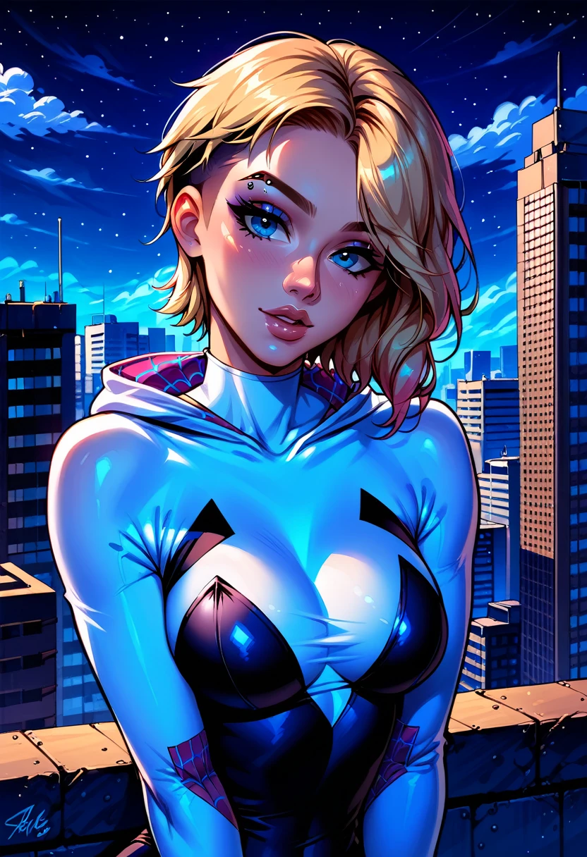 Dark Fantasy Art of score_9, score_8_up, score_7_up, rating_questionable, fantasy, lighting, epiCPhoto 1girl, very sexy short hair Gwen Stacy, Spider Gwen suit, (wearing cowl:1.2), solo, cute, flirt, gaze, sexy look, half-closed eyes, head tilt, filled lips, thick lips, makeup, face portrait, modelling shoot, sexy pose, New York city rooftop setting, dark, moody, dark fantasy style, (midnight, dark, moonless night:1.4).